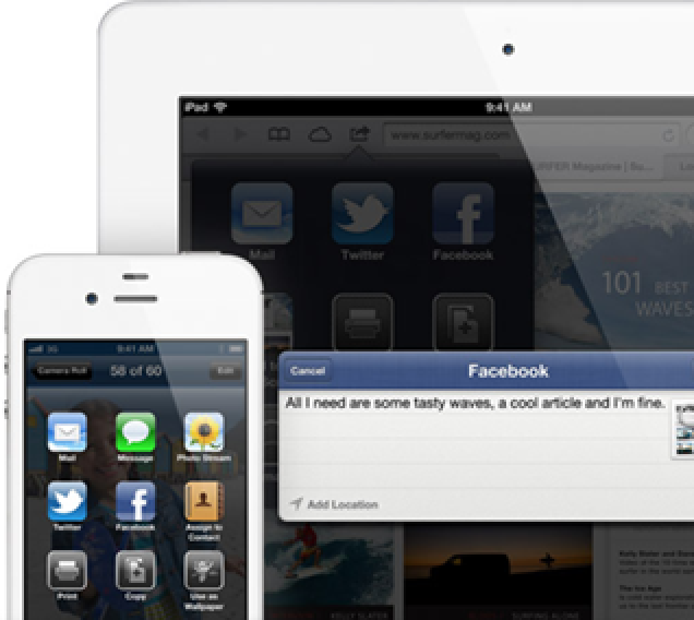 iPhone and iPad showing the iOS 6 sharing features